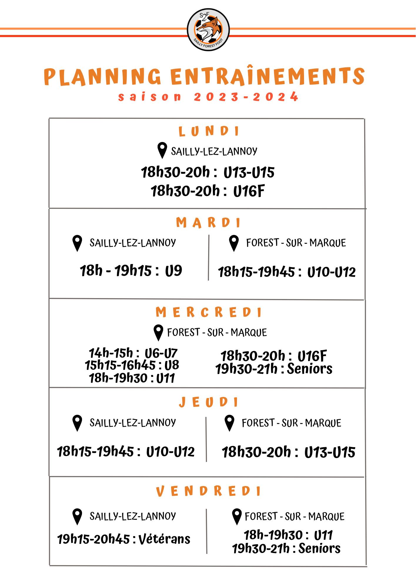 Planning des entrainements du S2F pour la saison 2023-2024